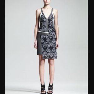 Helmut Lang Sleeveless Medaillon Leather Scarf Midi Dress White Black Grey Sz 0